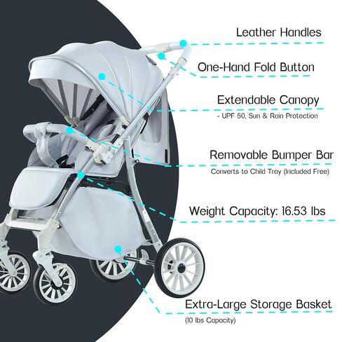 Baby Stroller, 2-in-1 Reversible Toddler Seat with Snack Tray, Foldable Infant Stroller with Canopy, One Button Brake, Adjustable Handle, Newborn Pushchair (Grey) in Kuwait