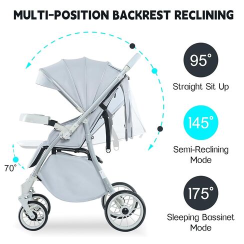 Baby Stroller, 2-in-1 Reversible Toddler Seat with Snack Tray, Foldable Infant Stroller with Canopy, One Button Brake, Adjustable Handle, Newborn Pushchair (Grey) in Kuwait