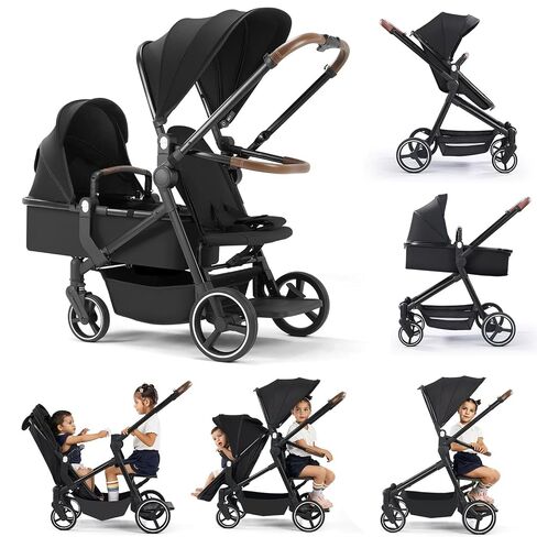 Convertible Single-to-Double Baby Stroller, 2-in-1 Carry Cot & Toddler Seat for 0-36 Months, Large PU Wheels with All-Wheel Suspension, UPF50+ Extendable Canopy in Kuwait