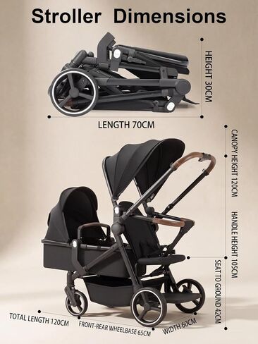 Convertible Single-to-Double Baby Stroller, 2-in-1 Carry Cot & Toddler Seat for 0-36 Months, Large PU Wheels with All-Wheel Suspension, UPF50+ Extendable Canopy in Kuwait