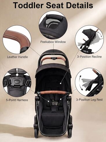 Convertible Single-to-Double Baby Stroller, 2-in-1 Carry Cot & Toddler Seat for 0-36 Months, Large PU Wheels with All-Wheel Suspension, UPF50+ Extendable Canopy in Kuwait