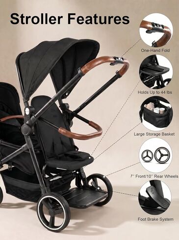 Convertible Single-to-Double Baby Stroller, 2-in-1 Carry Cot & Toddler Seat for 0-36 Months, Large PU Wheels with All-Wheel Suspension, UPF50+ Extendable Canopy in Kuwait