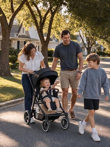 Convertible Single-to-Double Baby Stroller, 2-in-1 Carry Cot & Toddler Seat for 0-36 Months, Large PU Wheels with All-Wheel Suspension, UPF50+ Extendable Canopy in Kuwait