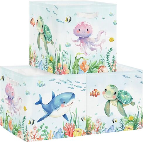 11.8" Marine Animals Cube Storage Organizer Set 3Pcs Ocean Sharks Turtles Cube Storage Bin for Bathroom/Bedroom Kid Book Toy Chest, Jellyfish in Kuwait