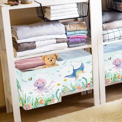 11.8" Marine Animals Cube Storage Organizer Set 3Pcs Ocean Sharks Turtles Cube Storage Bin for Bathroom/Bedroom Kid Book Toy Chest, Jellyfish in Kuwait