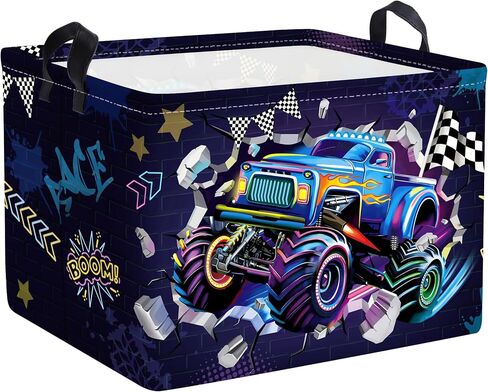 Clastyle Sport 3D Racing Car Boy Room Basket Racing Flag Monster Truck Toy Book Shelf Basket Large Rectangle Collapsible Dirty Clothes Storage Bin,Monster,40 * 30 * 30 cm in Kuwait