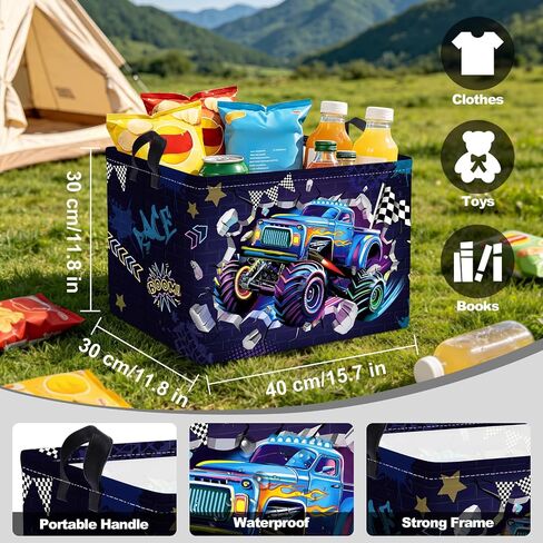 Clastyle Sport 3D Racing Car Boy Room Basket Racing Flag Monster Truck Toy Book Shelf Basket Large Rectangle Collapsible Dirty Clothes Storage Bin,Monster,40 * 30 * 30 cm in Kuwait