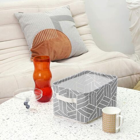 CROWNED 6 Pcs Storage Basket Foldable Cube Fabric Bins Square Mini Box Receive Organizer Rectangle Canvas with Handles for Home Office Books Small 11x8x6.3 inch Grey | 11x8x6.3 inch Square Mini Box Receive Organizer, Small Rectangle Canvas with Handles, F in Kuwait