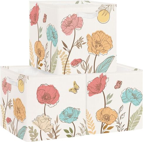 11.8" Wild Flower Storage Cube Organizer Set 3Pcs Clothes Storage Basket Bin for Closet Shelf Garden Butterfly Nursery Kid Room Book Toy Chest, Plant Bush in Kuwait