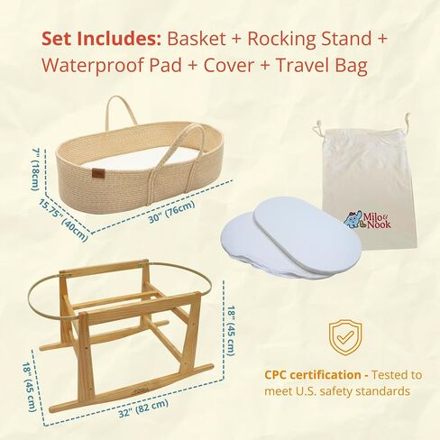Milo & Nook Baby Changing Basket with Pad & Moses Basket Stand – Soft Cotton Nursery Basket, Waterproof Pad & Removable Washable Cover, Complete Changing Station for Newborn in Kuwait