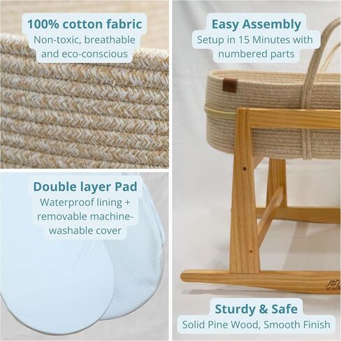 Milo & Nook Baby Changing Basket with Pad & Moses Basket Stand – Soft Cotton Nursery Basket, Waterproof Pad & Removable Washable Cover, Complete Changing Station for Newborn in Kuwait