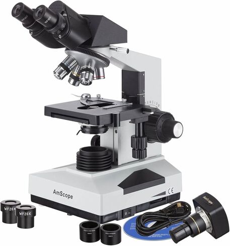 AmScope B490B Compound Binocular Microscope, WF10x and WF20x Eyepieces, 40X-2000X Magnification, Brightfield, Halogen Illumination, Abbe Condenser, Double-Layer Mechanical Stage, Sliding Head, High-Resolution Optics, Anti-Mold , White in Kuwait
