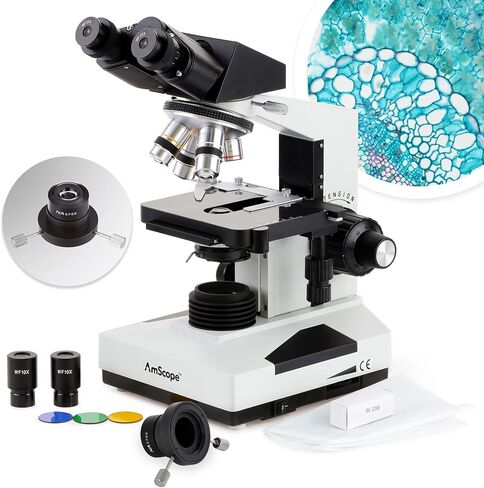 AmScope B490B Compound Binocular Microscope, WF10x and WF20x Eyepieces, 40X-2000X Magnification, Brightfield, Halogen Illumination, Abbe Condenser, Double-Layer Mechanical Stage, Sliding Head, High-Resolution Optics, Anti-Mold , White in Kuwait
