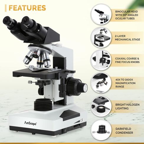 AmScope B490B Compound Binocular Microscope, WF10x and WF20x Eyepieces, 40X-2000X Magnification, Brightfield, Halogen Illumination, Abbe Condenser, Double-Layer Mechanical Stage, Sliding Head, High-Resolution Optics, Anti-Mold , White in Kuwait