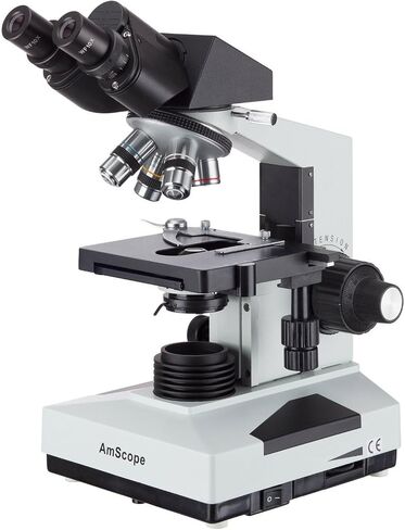 AmScope B490B Compound Binocular Microscope, WF10x and WF20x Eyepieces, 40X-2000X Magnification, Brightfield, Halogen Illumination, Abbe Condenser, Double-Layer Mechanical Stage, Sliding Head, High-Resolution Optics, Anti-Mold , White in Kuwait