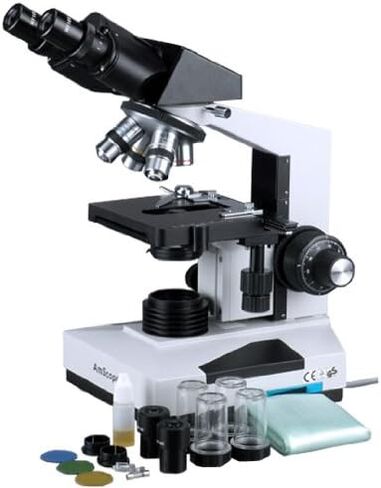 AmScope B490B Compound Binocular Microscope, WF10x and WF20x Eyepieces, 40X-2000X Magnification, Brightfield, Halogen Illumination, Abbe Condenser, Double-Layer Mechanical Stage, Sliding Head, High-Resolution Optics, Anti-Mold , White in Kuwait