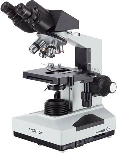 AmScope B490B Compound Binocular Microscope, WF10x and WF20x Eyepieces, 40X-2000X Magnification, Brightfield, Halogen Illumination, Abbe Condenser, Double-Layer Mechanical Stage, Sliding Head, High-Resolution Optics, Anti-Mold , White in Kuwait