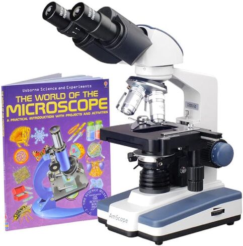 AmScope B120C-WM Siedentopf Binocular Compound Microscope, 40X-2500X Magnification, Brightfield, LED Illumination, Abbe Condenser, Double-Layer Mechanical Stage, Includes Book in Kuwait