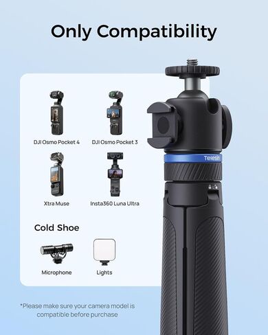 TELESIN 0.1s Auto Open Mini Selfie Stick Tripod for DJI Osmo Pocket 3 4 | 65 cm/25.5in Tripod Compatible with Insta360 Luna Ultra Xtra Muse Action Camera Accessories, Cold Shoe Mount, 360° Ball Head in Kuwait
