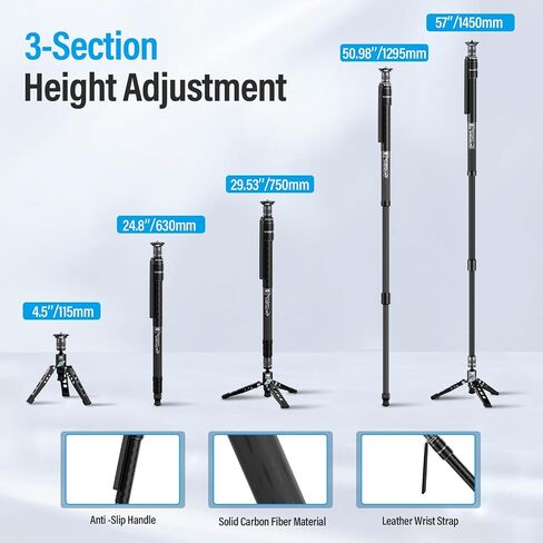 SIRUI SVM-145 Rapid Monopod with Feet, 57" Professional Carbon Fiber Camera Monopod, One-Step Rapid Height Adjustment, Modular 3 in 1, Max Load 22lbs in Kuwait