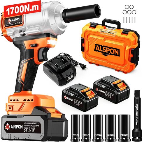 Cordless Impact Wrench 1/2 Inch, 1700N.m (1250 Ft-lbs) Torque | Brushless Motor, 21V Battery, 3-Mode Control, Sockets & Case for Car Repair in Kuwait