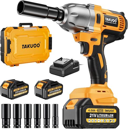 Takuoo Cordless 1/2 inch Brushless Impact Wrench, Max Torque (1200N.m) 900Ft-lbs Electric Impact Gun w/2x 4000mAh Battery, Charger & 6 Sockets, Power Impact Driver for Car Home in Saudi Arabia