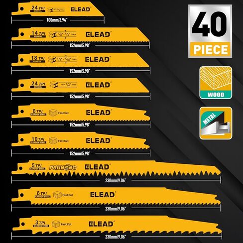 40-Piece Bi-Metal Reciprocating Saw Blade Set, Premium 4 & 6 & 9 Inch Wood & Metal Cutting Saw Blades with Storage Pouch, Long-Lasting Pruning Blades in Kuwait