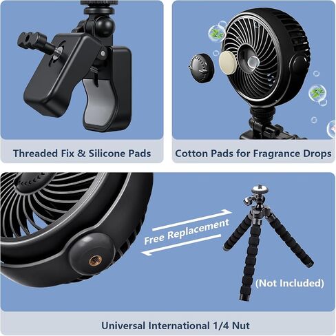 Rechargeable Peloton Bike Fan with Cotton Pads for Fragrance Drops | Rotatable Battery Operated Clip On Fan for Treadmill Stationary Bike Exercise Stroller-Peloton Accessories-Black in Kuwait