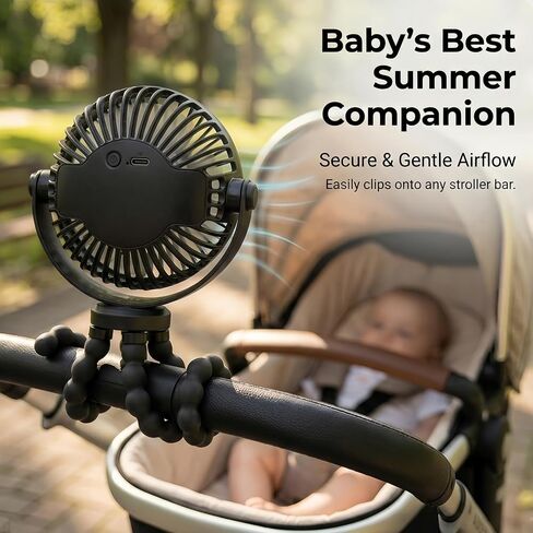 LONCIN Portable Stroller Fan with Flexible Tripod, 3 Speeds Battery Operated Personal Desk Fan, Handheld Small Fan for Car Seat, Crib, Bike, Treadmill, Travel & Camping - Black in Kuwait