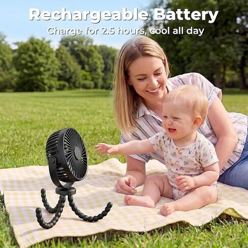 LONCIN Portable Stroller Fan with Flexible Tripod, 3 Speeds Battery Operated Personal Desk Fan, Handheld Small Fan for Car Seat, Crib, Bike, Treadmill, Travel & Camping - Black in Kuwait