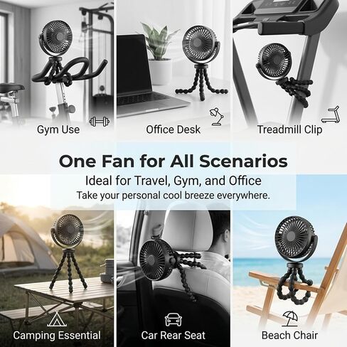 LONCIN Portable Stroller Fan with Flexible Tripod, 3 Speeds Battery Operated Personal Desk Fan, Handheld Small Fan for Car Seat, Crib, Bike, Treadmill, Travel & Camping - Black in Kuwait