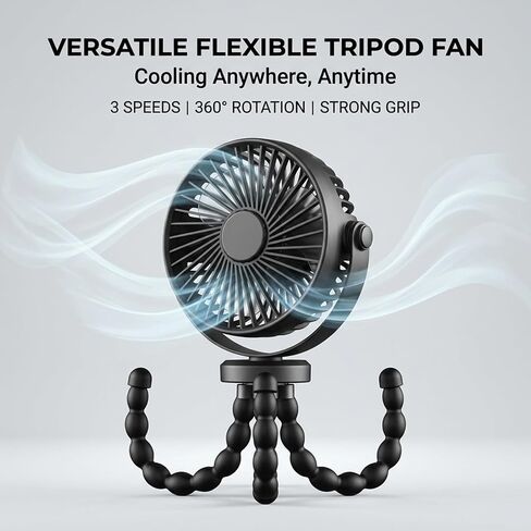 LONCIN Portable Stroller Fan with Flexible Tripod, 3 Speeds Battery Operated Personal Desk Fan, Handheld Small Fan for Car Seat, Crib, Bike, Treadmill, Travel & Camping - Black in Kuwait