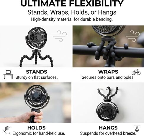 LONCIN Portable Stroller Fan with Flexible Tripod, 3 Speeds Battery Operated Personal Desk Fan, Handheld Small Fan for Car Seat, Crib, Bike, Treadmill, Travel & Camping - Black in Kuwait