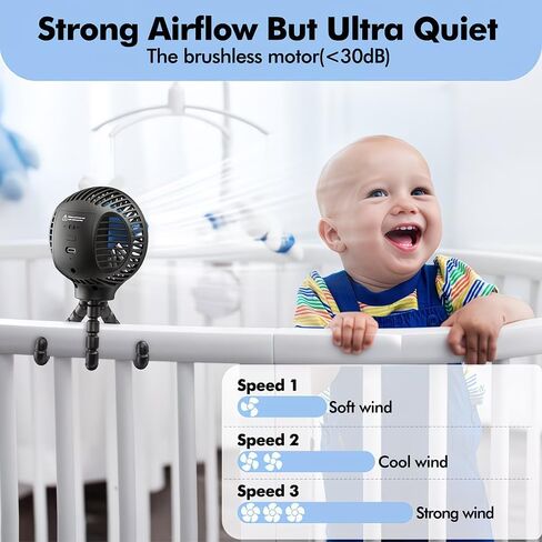 Portable Stroller Fan, 4000mAh Rechargeable Clip on Fan with Flexible Tripod, 3 Speeds Cooling, LED Display, Detachable Grille, Quiet Operation, for Car Seat, Crib & Treadmill Bunk Bed in Kuwait