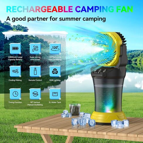 Wilody Misting Fan Portable Battery Powered, Camping Fan with RGB Ambient Light with 2L Bucket, Battery Indicator, 120° Auto Oscillating, Timing Function, Grip Handle(Yellow) in Kuwait