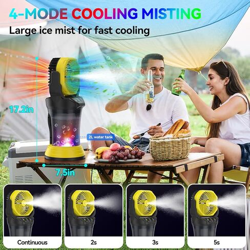 Wilody Misting Fan Portable Battery Powered, Camping Fan with RGB Ambient Light with 2L Bucket, Battery Indicator, 120° Auto Oscillating, Timing Function, Grip Handle(Yellow) in Kuwait