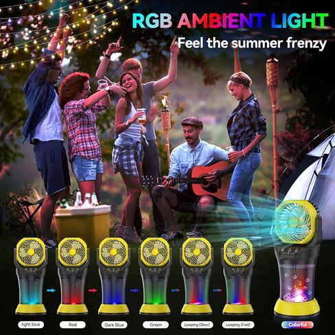 Wilody Misting Fan Portable Battery Powered, Camping Fan with RGB Ambient Light with 2L Bucket, Battery Indicator, 120° Auto Oscillating, Timing Function, Grip Handle(Yellow) in Kuwait