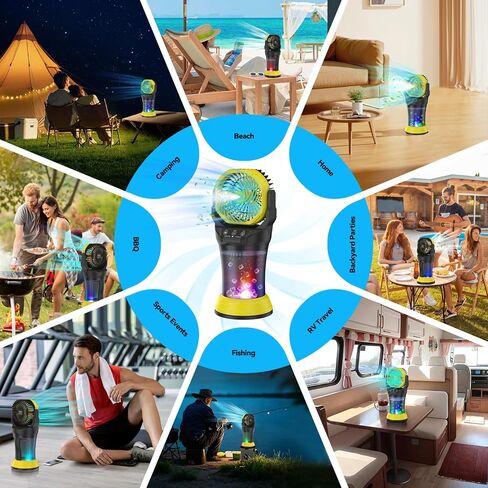 Wilody Misting Fan Portable Battery Powered, Camping Fan with RGB Ambient Light with 2L Bucket, Battery Indicator, 120° Auto Oscillating, Timing Function, Grip Handle(Yellow) in Kuwait