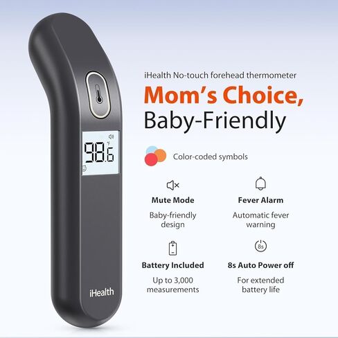 iHealth Touchless Thermometer for Adults and Kids, Color-Coded Alert & Silent Mode, 1-Second Accurate Fever Check, Portable for Home, Travel Use - PT2L Black in Kuwait