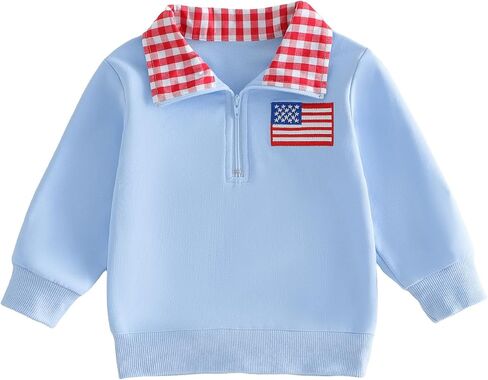 Toddler Baby Boy 4th of July Outfit Long Sleeve Blue Red White Pullover Quarter Zip Sweatshirt Top in Kuwait