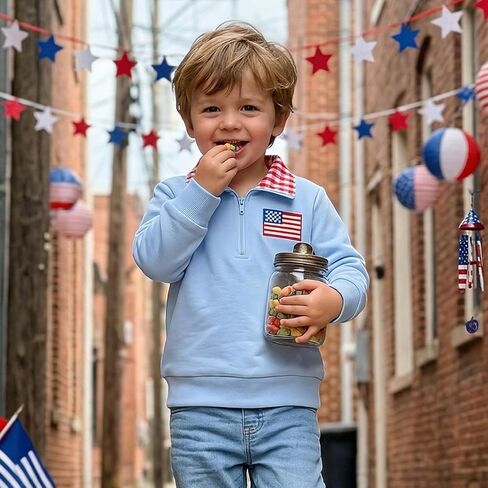 Toddler Baby Boy 4th of July Outfit Long Sleeve Blue Red White Pullover Quarter Zip Sweatshirt Top in Kuwait