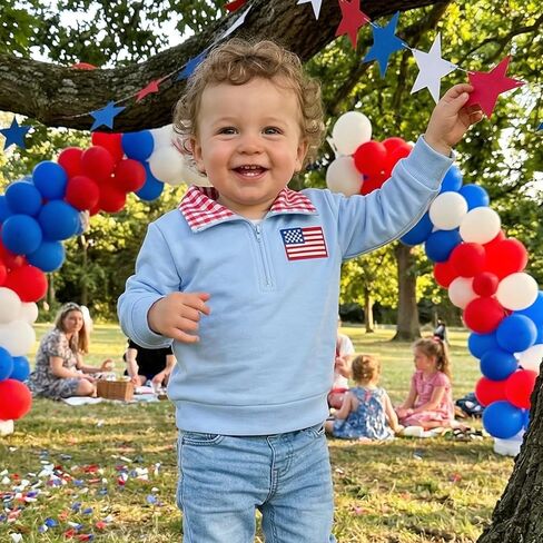 Toddler Baby Boy 4th of July Outfit Long Sleeve Blue Red White Pullover Quarter Zip Sweatshirt Top in Kuwait