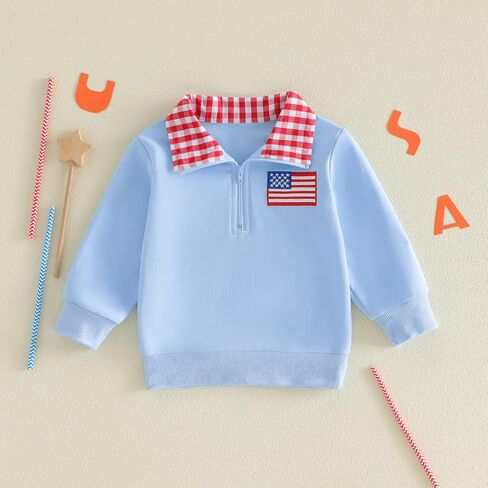 Toddler Baby Boy 4th of July Outfit Long Sleeve Blue Red White Pullover Quarter Zip Sweatshirt Top in Kuwait