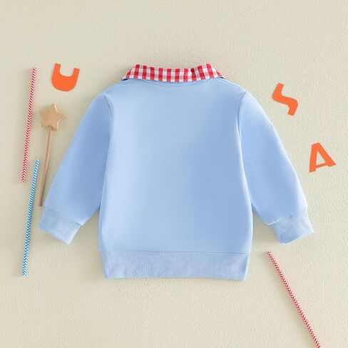 Toddler Baby Boy 4th of July Outfit Long Sleeve Blue Red White Pullover Quarter Zip Sweatshirt Top in Kuwait