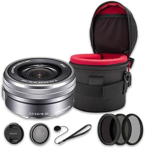 Sony E PZ 16-50mm f/3.5-5.6 OSS Lens Bundle (Silver) | Compact APS-C Power Zoom with Optical SteadyShot Stabilization | Great for Travel & Vlogging (SEL1650PS) + Filter Kit + Case + Cap Keeper in Kuwait