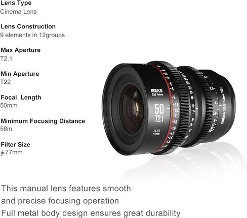 Meike 50mm T2.1 S35 Manual Focus Wide Angle Prime Cinema Lens for Canon EF Mount and Cine Camcorder EOS C100, C200, C300, Zcam E2-S6 6K in Kuwait