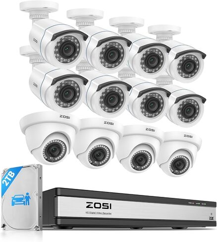 ZOSI 1080p 16 Channel Security Camera System Outdoor with AI Human Vehicle Detect, 12 x 2MP Weatherproof Surveillance CCTV Bullet Dome Camera, H.265+ DVR, 2TB HDD, 80ft Night Vision, 90° View Angle in Kuwait