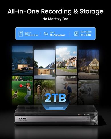 ZOSI 1080p 16 Channel Security Camera System Outdoor with AI Human Vehicle Detect, 12 x 2MP Weatherproof Surveillance CCTV Bullet Dome Camera, H.265+ DVR, 2TB HDD, 80ft Night Vision, 90° View Angle in Kuwait