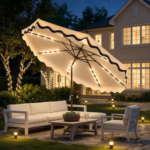 10FT Patio Umbrella with Solar Lights,Outdoor Table Market Umbrella with 30° Tilt,UV 50+, 8 Sturdy Ribs, Easy Push Button Tilt, Water Resistant for Pool Backyard (Base Not Included) in Kuwait