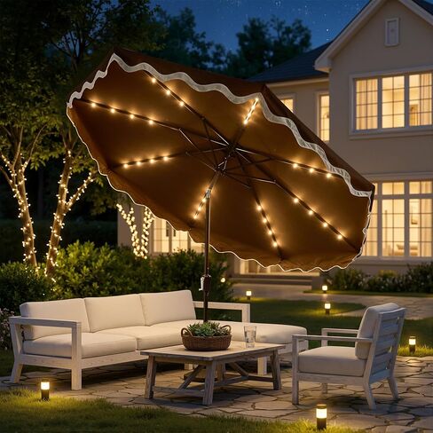 10FT Patio Umbrella with Solar Lights,Outdoor Table Market Umbrella with 30° Tilt,UV 50+, 8 Sturdy Ribs, Easy Push Button Tilt, Water Resistant for Pool Backyard (Base Not Included) in Kuwait